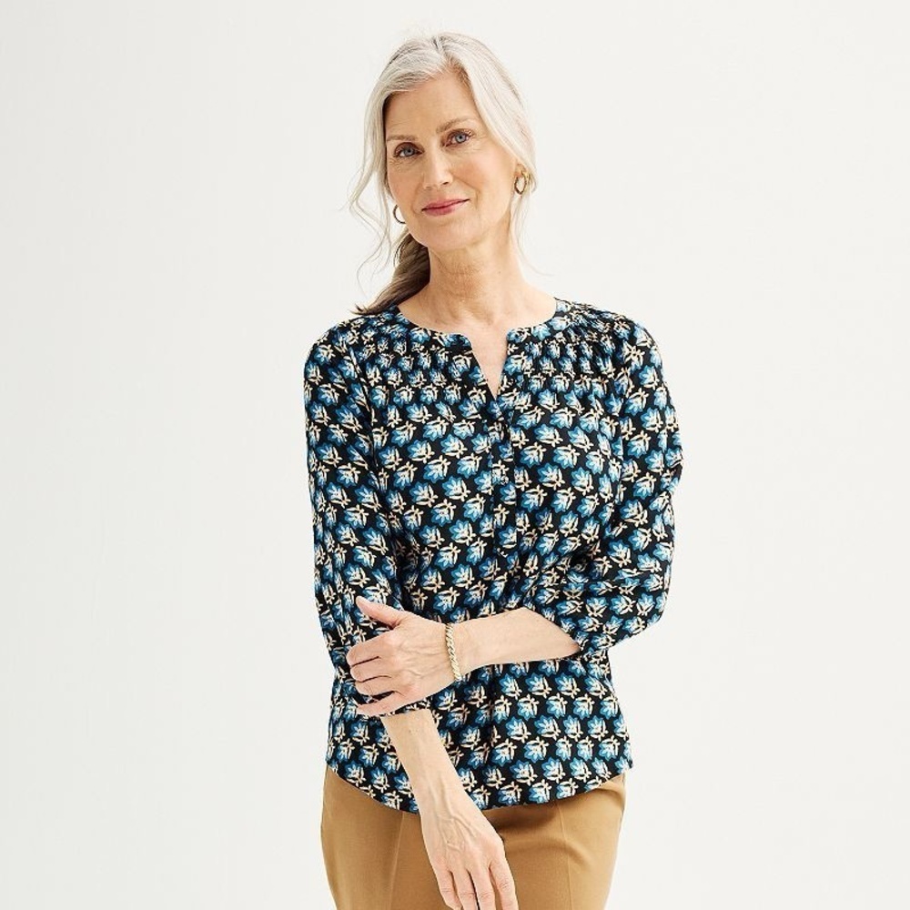Croft & Barrow Blue and Yellow Floral Smocked 3/4 Sleeve Henley Blouse Top M